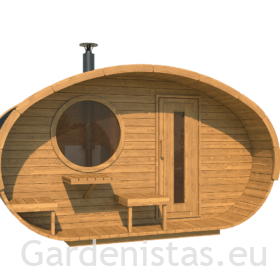 Ovaalsaun KESKMINE PURAVIK terassiga – kahe ruumiga Ovaalsed saunad Gardenistas.eu 2
